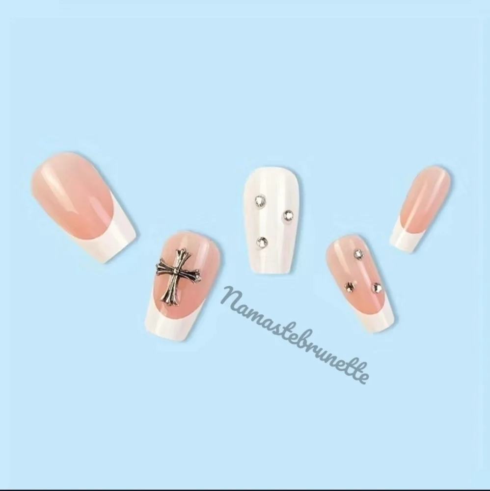 2/$16 Rhinestone Cross French Manicure Press on Nails